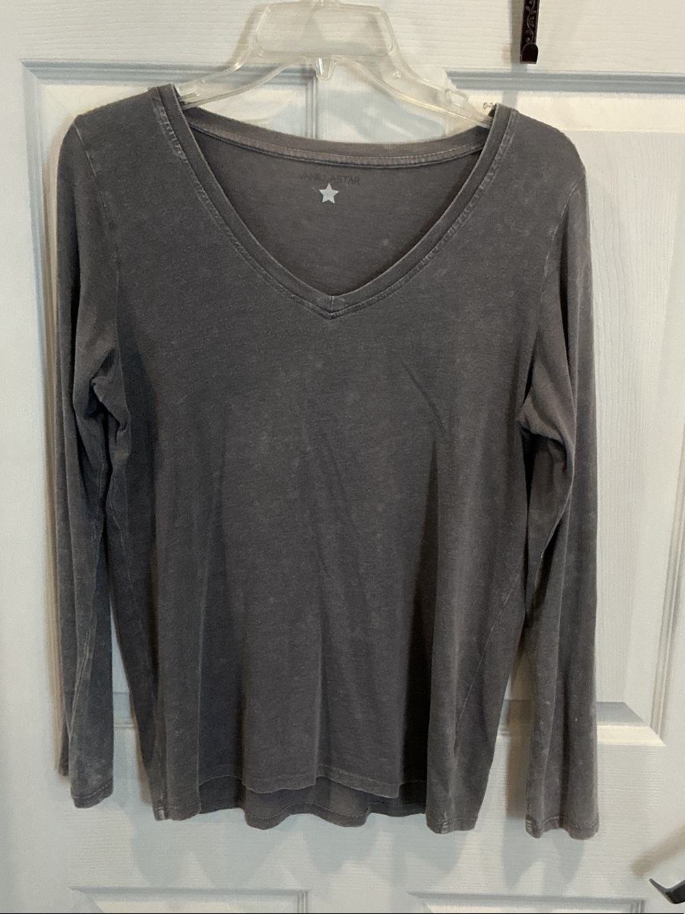 Vanilla Star Women’s Washed V-Neck Long Sleeve Top - Gray